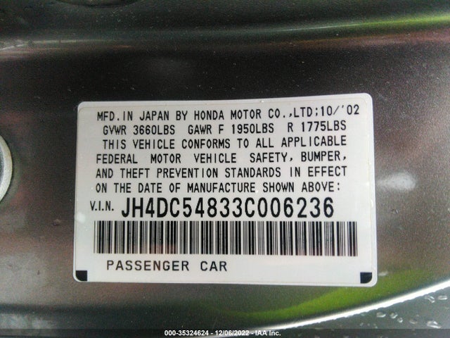 2003 ACURA RSX VIN: JH4DC54833C006236