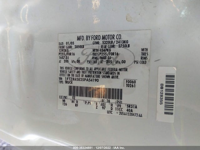 2005 FORD RANGER XLT/EDGE/FX4 OFF-RD VIN: 1FTZR45E35PA54190