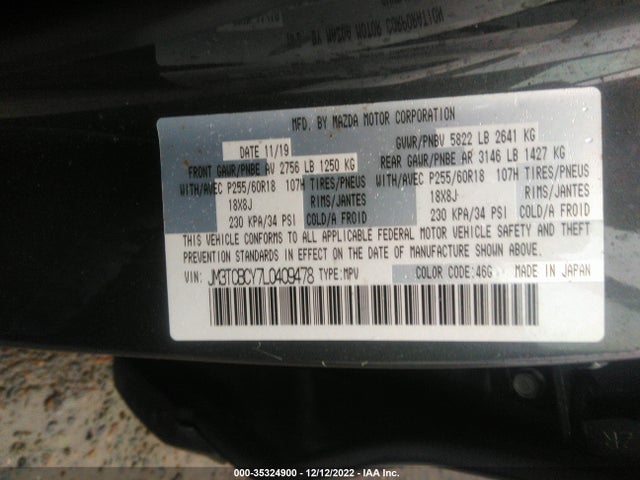 2020 MAZDA CX-9 TOURING VIN: JM3TCBCY7L0409478