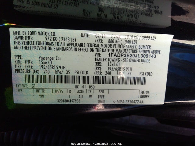 Ford FOCUS S 2018 1FADP3E20JL309143 Image 9