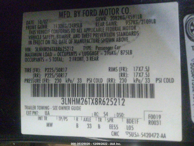 Lincoln MKZ 2008 3LNHM26TX8R625212 Image 11