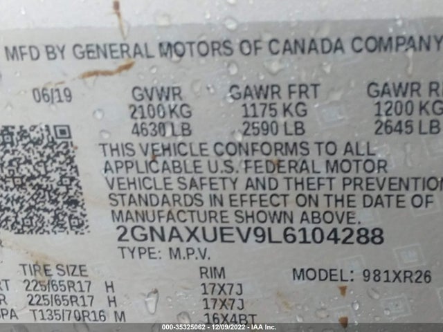 Chevrolet EQUINOX LT 2020 2GNAXUEV9L6104288 Image 10