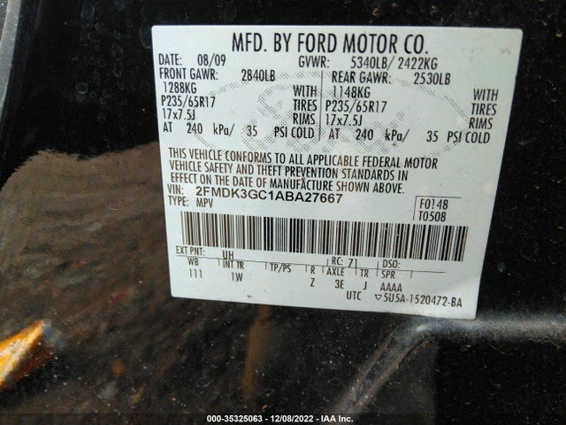 2010 FORD EDGE SE VIN: 2FMDK3GC1ABA27667