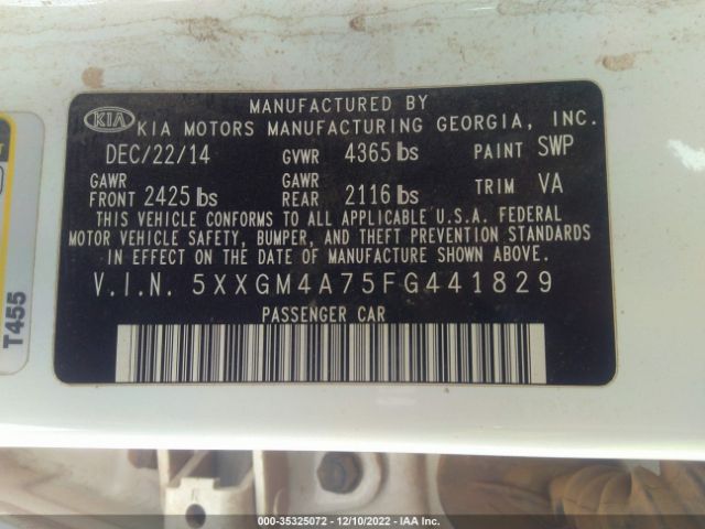 5XXGM4A75FG441829 KIA Optima Lx