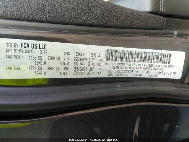 2016 Dodge Durango, VIN: 1C4RDJAG7GC354152