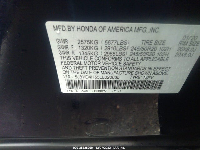 2020 Acura MDX, VIN: 5J8YD4H55LL020635