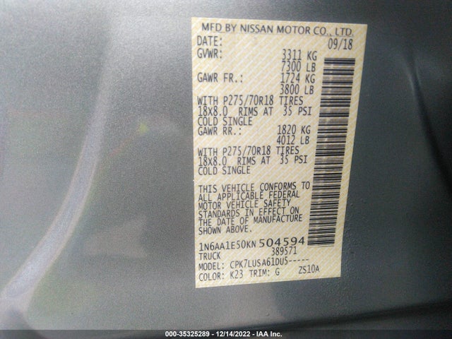 2019 Nissan Titan, VIN: 1N6AA1E50KN504594