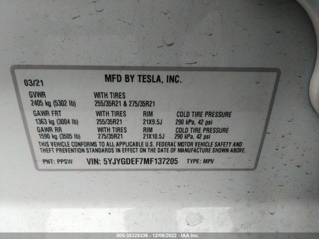 2021 TESLA MODEL Y PERFORMANCE VIN: 5YJYGDEF7MF137205