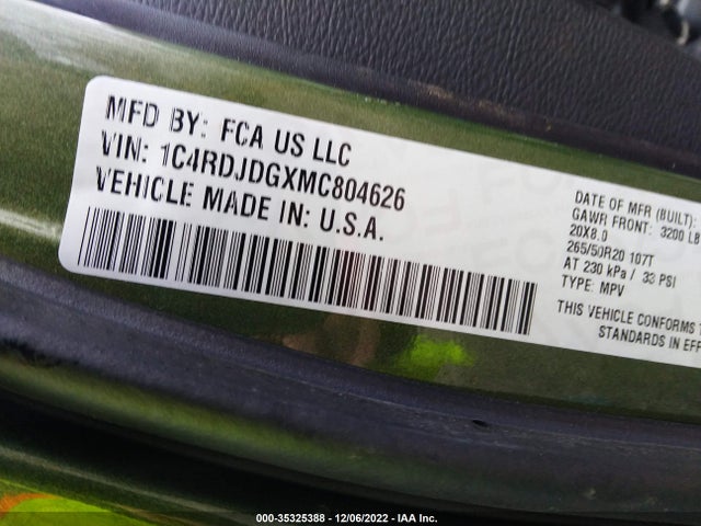 2021 Dodge Durango, VIN: 1C4RDJDGXMC804626