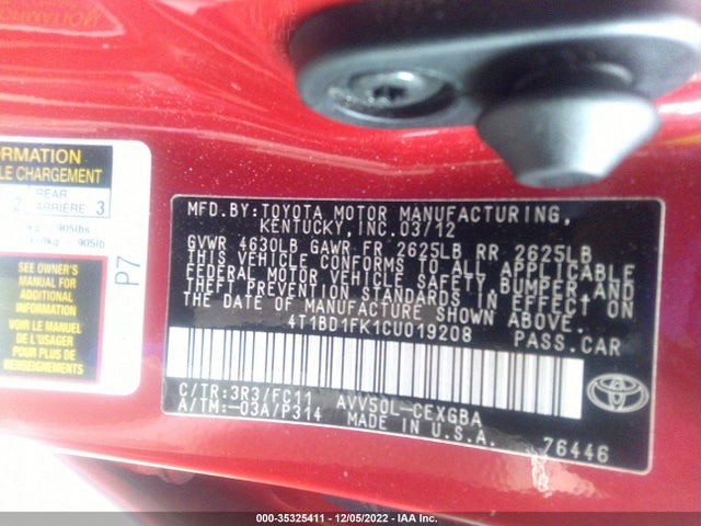 2012 TOYOTA CAMRY HYBRID XLE/LE VIN: 4T1BD1FK1CU019208