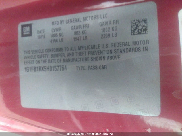 2017 CHEVROLET CAMARO 1LT VIN: 1G1FB1RX5H0157764