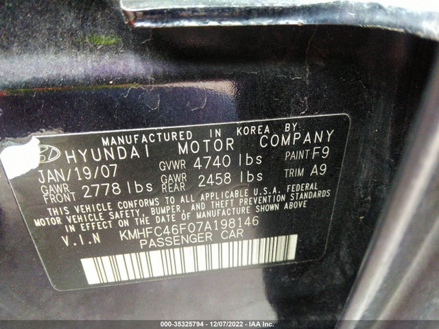 2007 HYUNDAI AZERA SE/LIMITED VIN: KMHFC46F07A198146