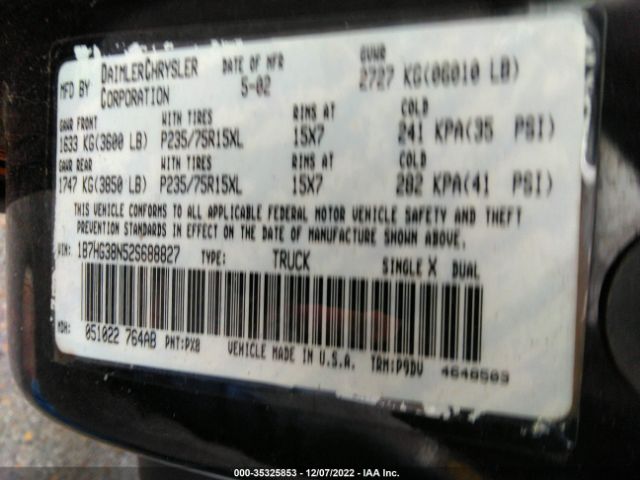 2002 DODGE DAKOTA SPORT VIN: 1B7HG38N52S688827