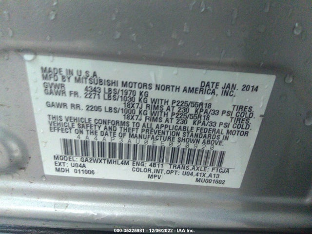2014 MITSUBISHI OUTLANDER SPORT ES VIN: 4A4AP3AU0EE020920