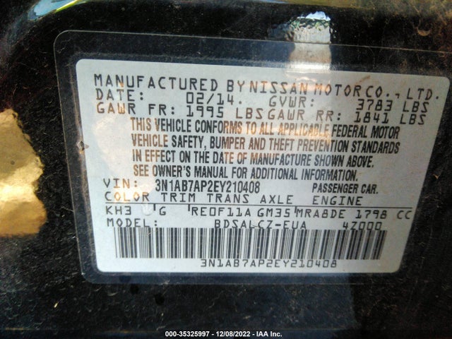 2014 NISSAN SENTRA S VIN: 3N1AB7AP2EY210408