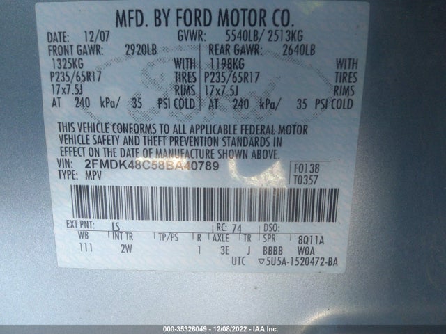 2008 FORD EDGE SEL VIN: 2FMDK48C58BA40789