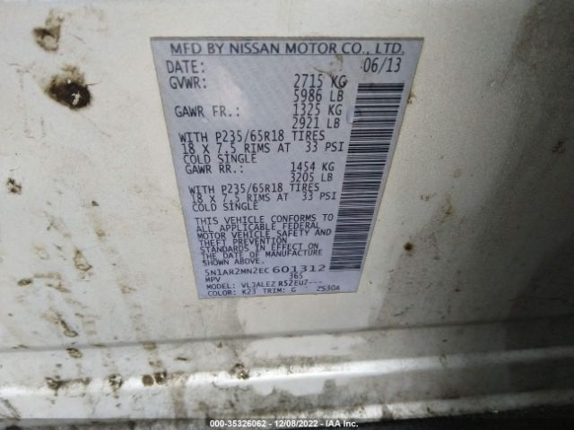 5N1AR2MN2EC601312 Nissan Pathfinder Sv