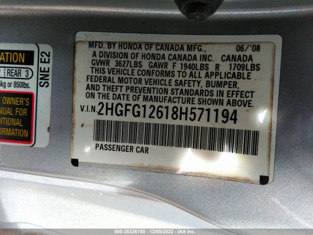 2008 HONDA CIVIC CPE LX VIN: 2HGFG12618H571194