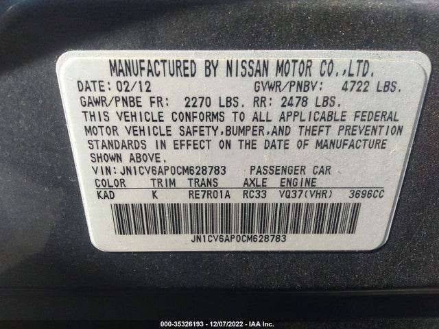 2012 INFINITI G37 SEDAN JOURNEY VIN: JN1CV6AP0CM628783