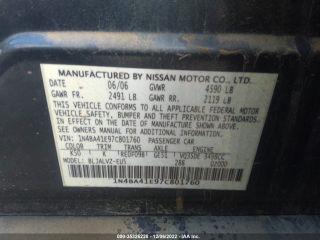 2007 NISSAN MAXIMA 3.5 SE VIN: 1N4BA41E97C801760
