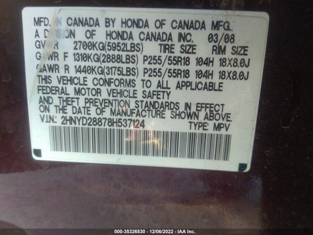 2008 ACURA MDX VIN: 2HNYD28878H537124