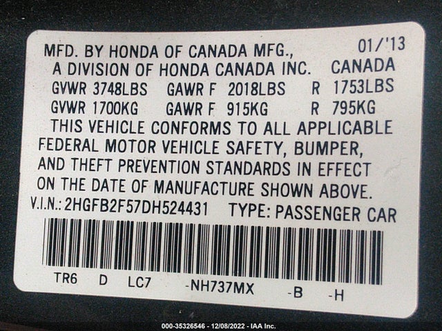 2013 HONDA CIVIC SDN LX VIN: 2HGFB2F57DH524431