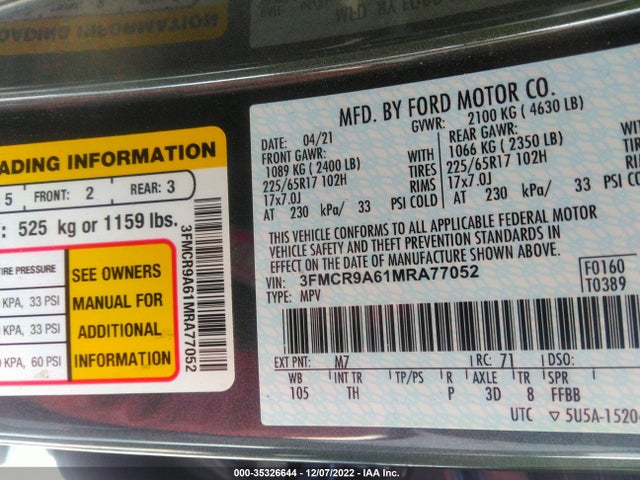 2021 Ford Bronco, VIN: 3FMCR9A61MRA77052