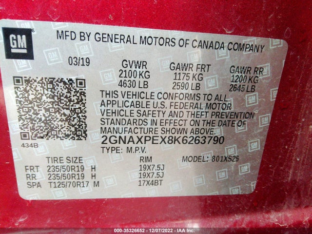 2019 CHEVROLET EQUINOX PREMIER VIN: 2GNAXPEX8K6263790
