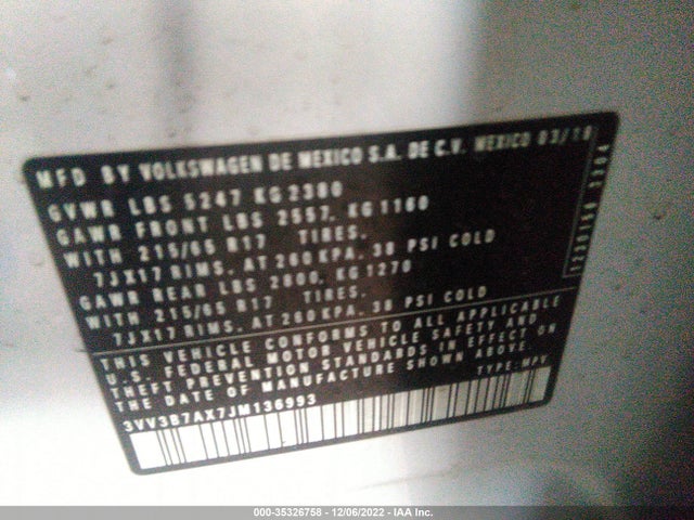 3VV3B7AX7JM136993 Volkswagen Tiguan Sel/se