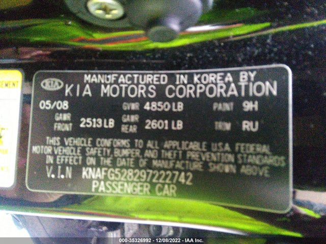35326992 :رقم المزاد ، KNAFG528297222742 vin ، 2009 Kia Rondo Lx مزاد بيع