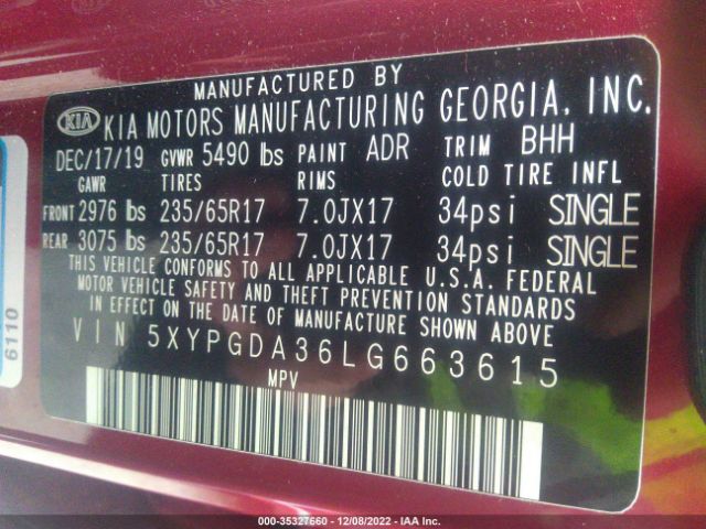 5XYPGDA36LG663615 KIA SORENTO LX