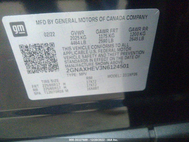 2022 Chevrolet Equinox, VIN: 2GNAXHEV3N6124501