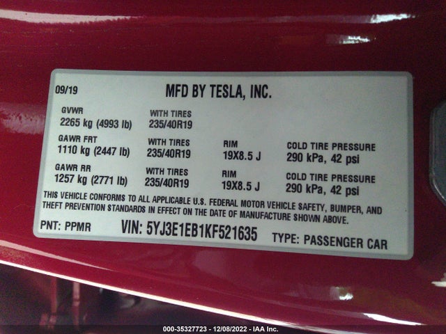 Tesla MODEL 3 2019 5YJ3E1EB1KF521635 Image 9