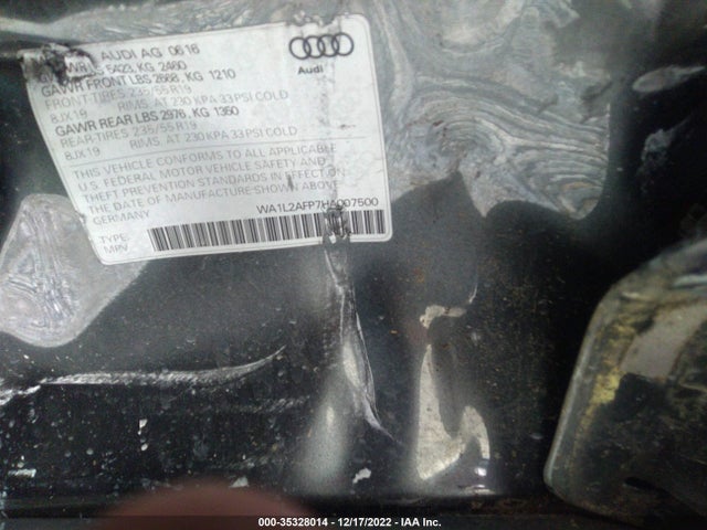 2017 AUDI Q5 PREMIUM PLUS VIN: WA1L2AFP7HA007500