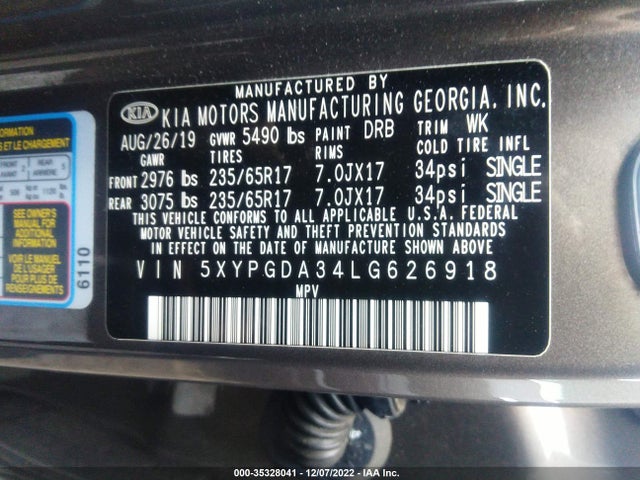 2020 KIA SORENTO LX VIN: 5XYPGDA34LG626918