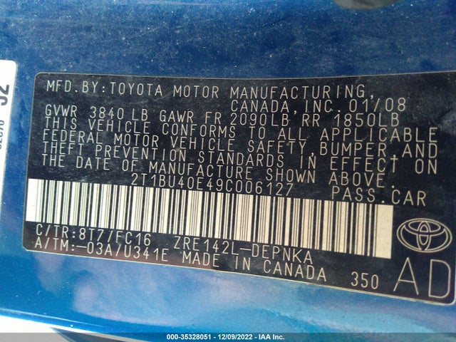 2009 TOYOTA COROLLA VIN: 2T1BU40E49C006127