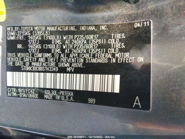 2011 TOYOTA SIENNA LE VIN: 5TDKK3DC8BS143349