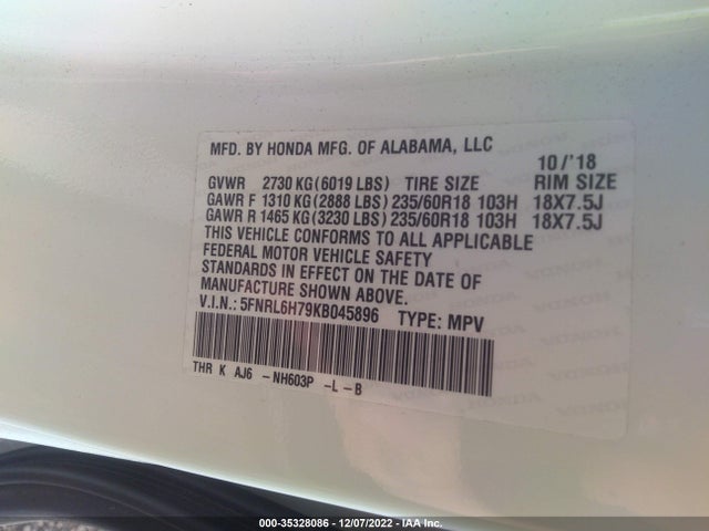 2019 Honda Odyssey, VIN: 5FNRL6H79KB045896