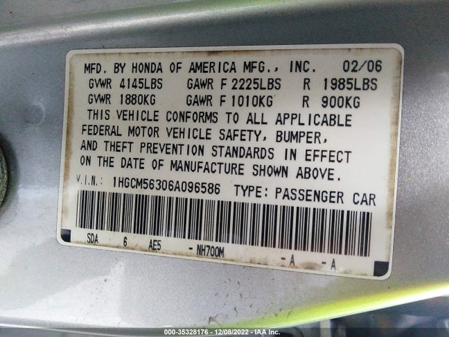 2006 HONDA ACCORD SDN LX SE VIN: 1HGCM56306A096586