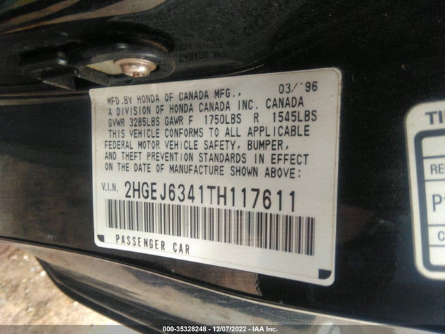 1996 HONDA CIVIC DX VIN: 2HGEJ6341TH117611