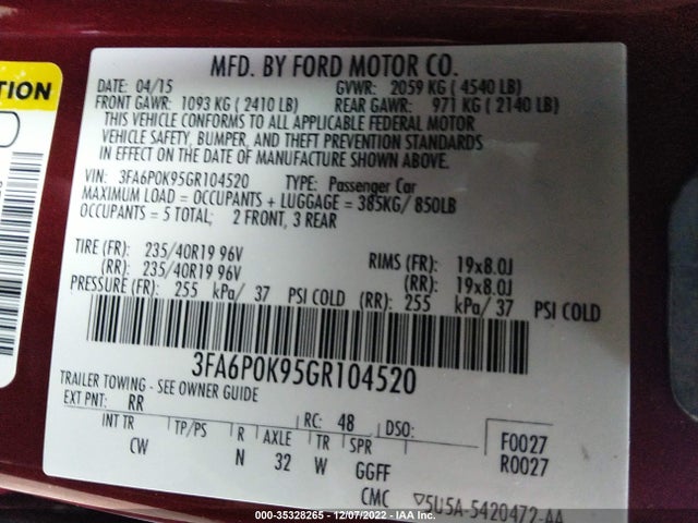 2016 Ford Fusion, VIN: 3FA6P0K95GR104520