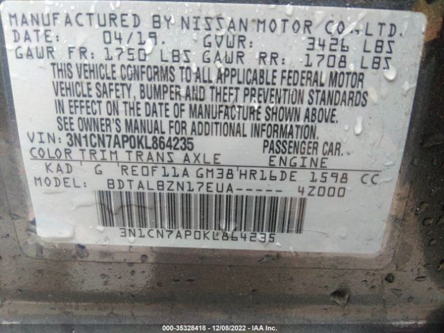 3N1CN7AP0KL864235 Nissan Versa Sedan Sv
