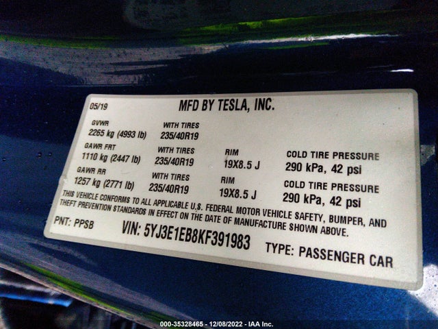 Tesla Model 3 Long Range/performance 2019 5YJ3E1EB8KF391983 Image 9
