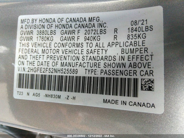 2022 HONDA CIVIC SEDAN SPORT VIN: 2HGFE2F52NH525589