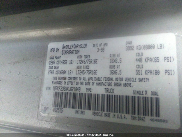 Dodge RAM 2500 1999 1B7KF236XXJ621849 Image 9