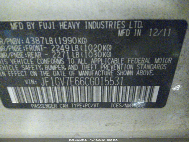 2012 SUBARU IMPREZA SEDAN WRX WRX VIN: JF1GV7E66CG015531
