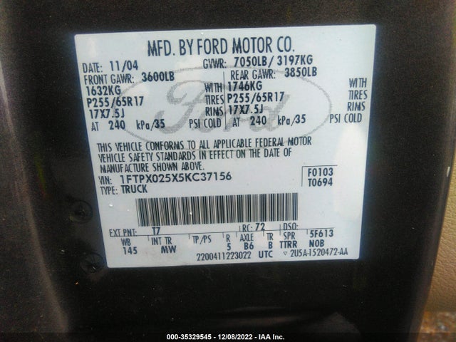 2005 FORD F-150 XLT VIN: 1FTPX025X5KC37156