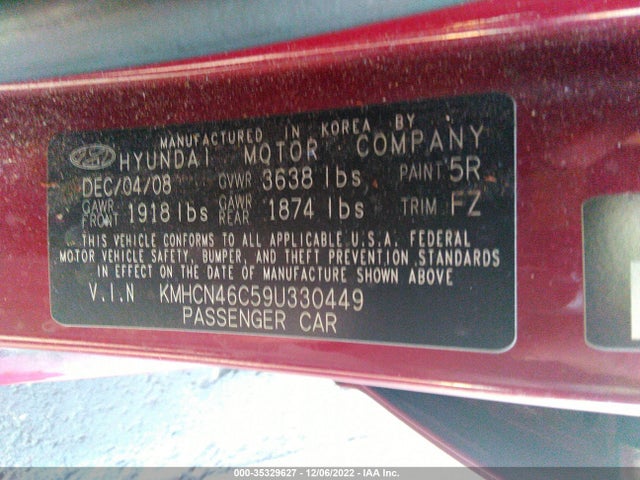2009 HYUNDAI ACCENT AUTO GLS VIN: KMHCN46C59U330449