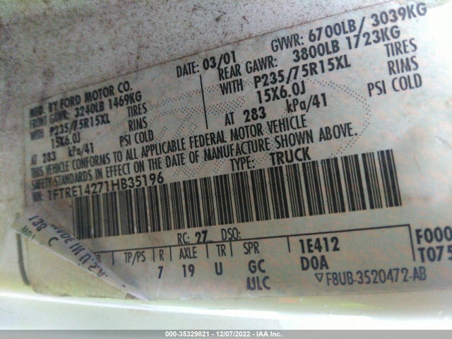 2001 FORD ECONOLINE CARGO VAN VIN: 1FTRE14271HB35196