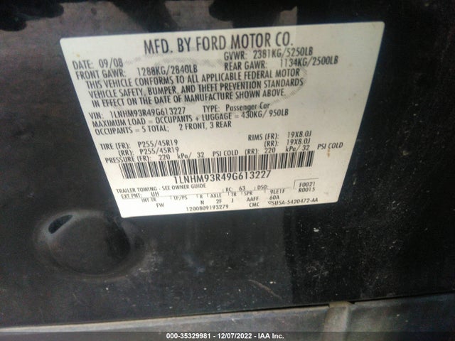 2009 LINCOLN MKS VIN: 1LNHM93R49G613227